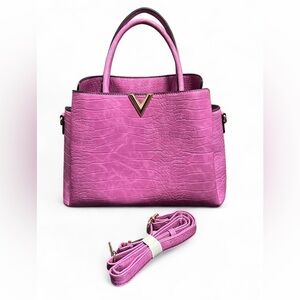 Pink Croc-Embossed Structured Handbag with Gold Hardware with Strap Included